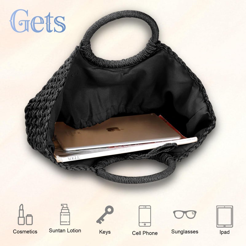 Gets Handwoven Rattan Top-handle Bag for Women Bohemian Round Straw Tote Bag Beach Large Carrying Handbag (Black) - Image 4